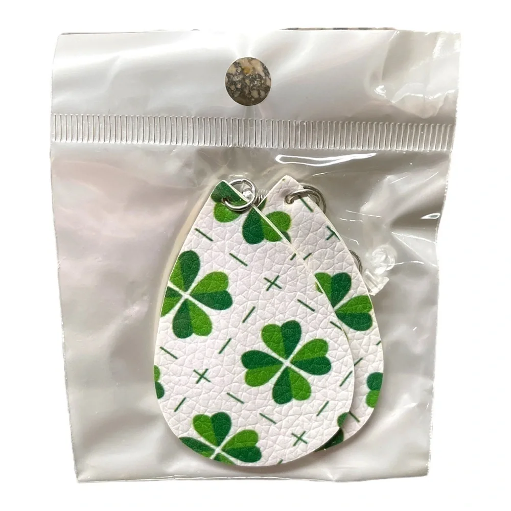 St Patricks Day Shamrock Clover Faux Leather Teardrop Dangle Earrings 3 Pair NWT